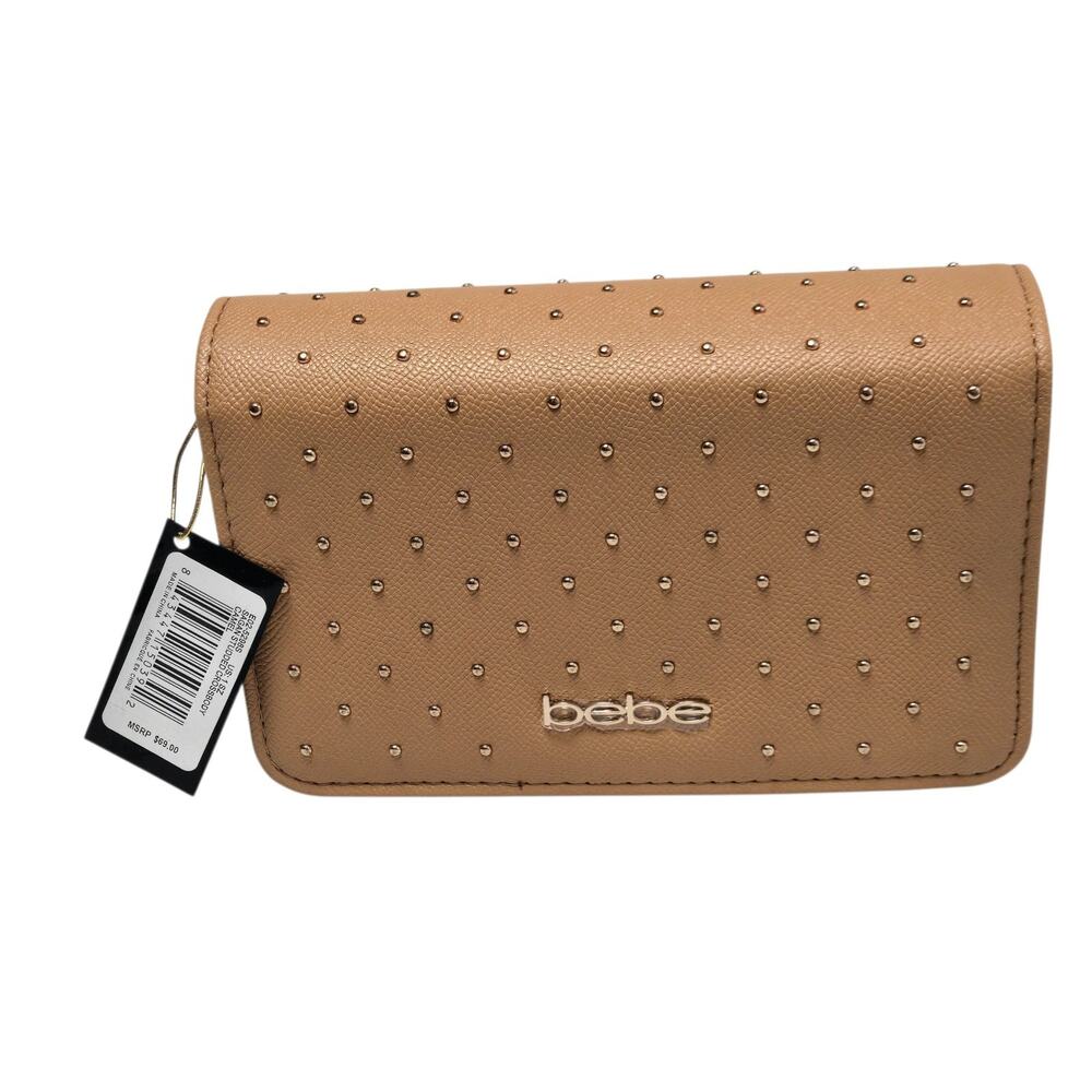 Bebe Faux Leather Crossbody Mini Studded Bag Camel